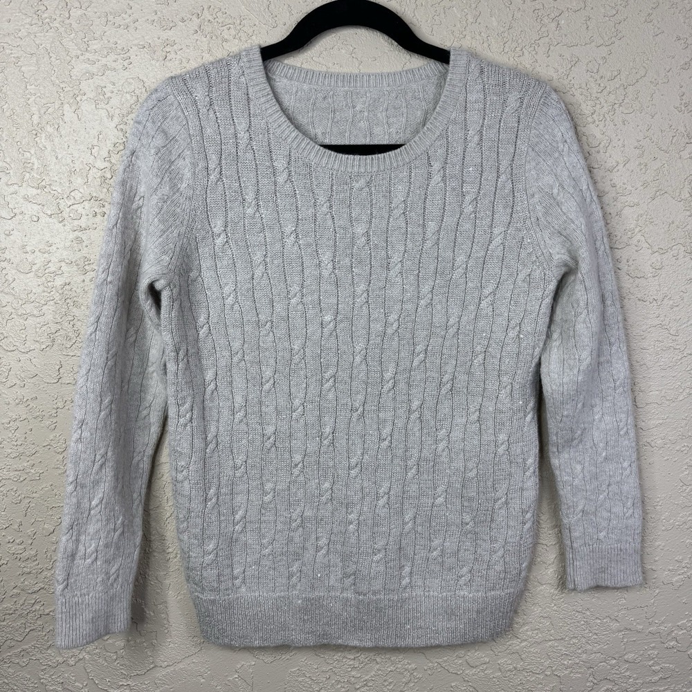 Womens Cable Knit Sweater Size S Ivory Sparkly Classic Preppy Tennis Lt Academia
